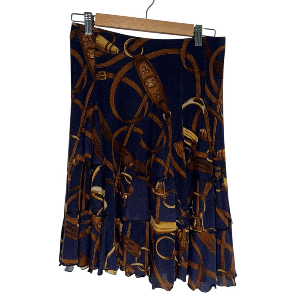 Lauren Ralph Lauren Navy Blue & Brown A-Line Skirt with Equine-Inspired Print